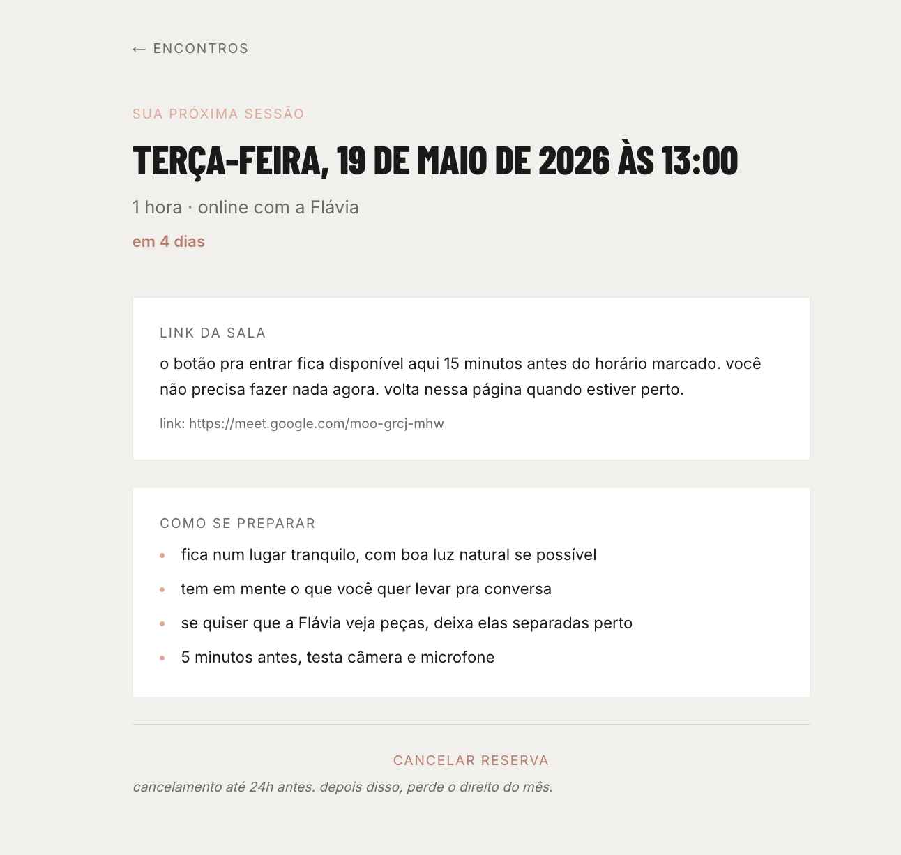 Página de detalhe da reserva de encontro 1:1