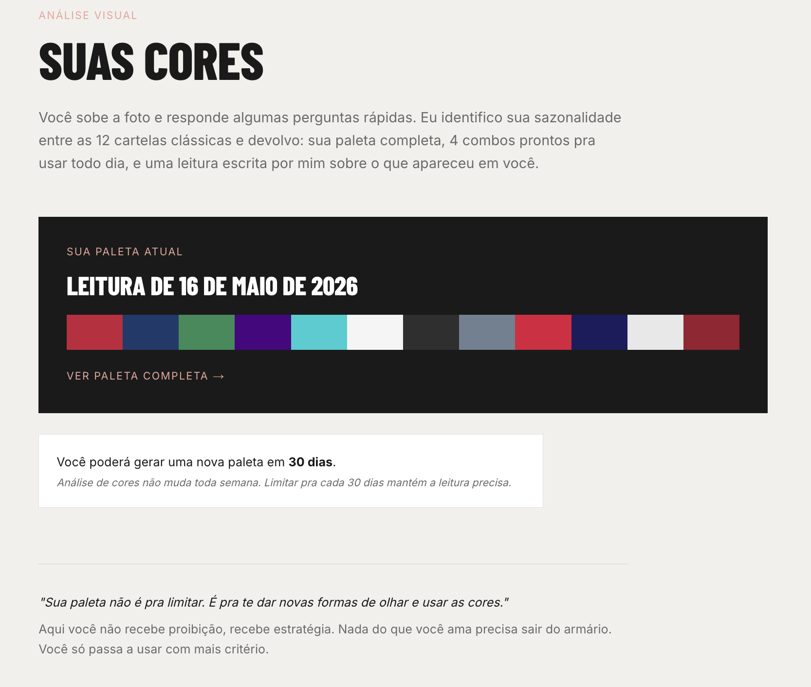 Suas Cores com paleta gerada e sazonalidade detectada